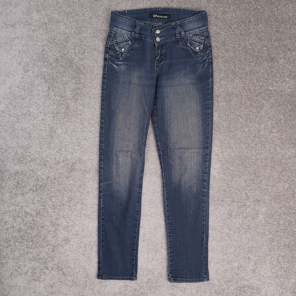VTG Y2K Womens Wave Jeans 28x30 Dark Wash Skinny Low Rise Blue Denim Jeans - Picture 1 of 11